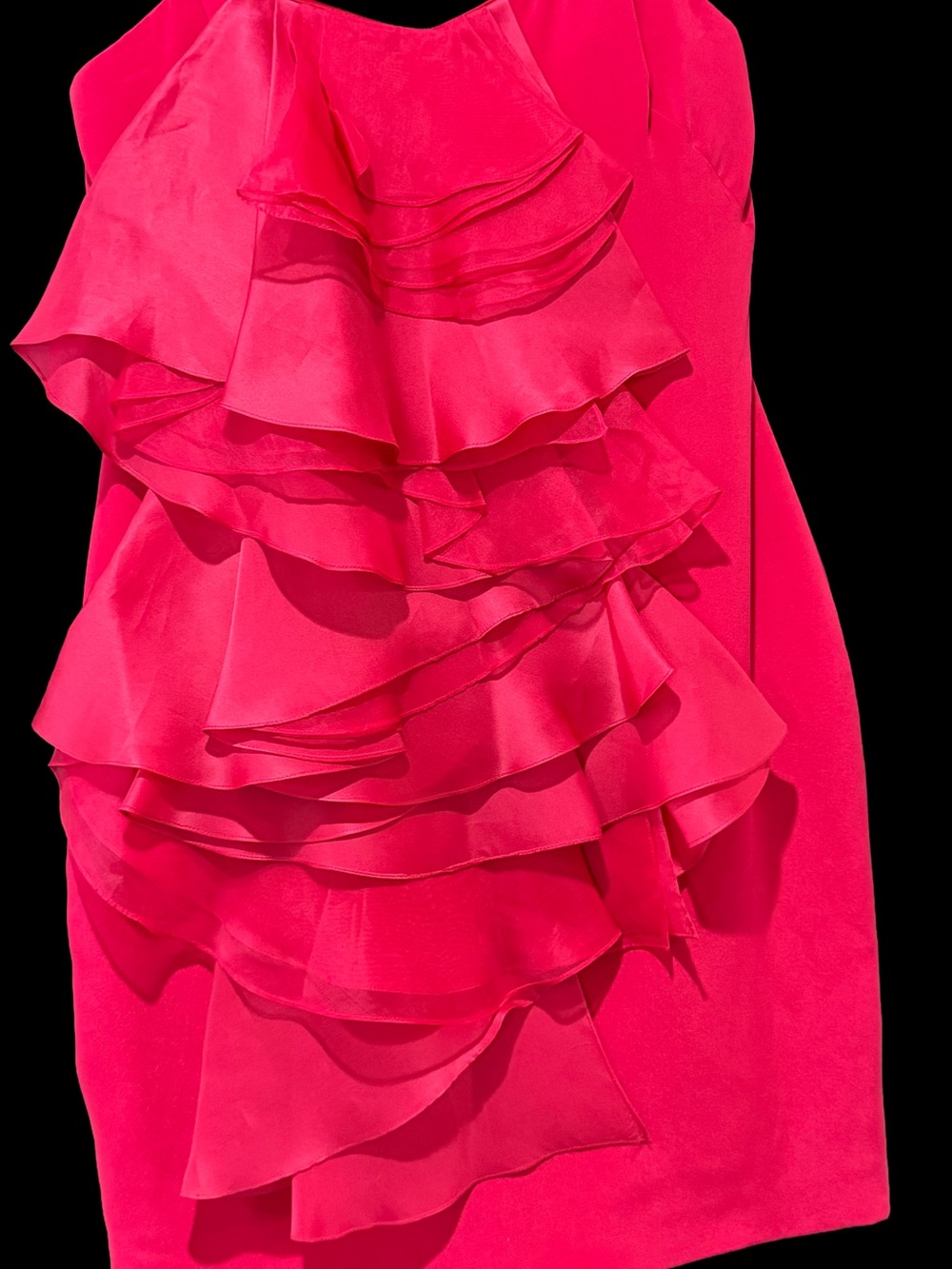 Marchesa Notte , strapless Hot Pink Ruffled Mini Dress, silk ,size 8